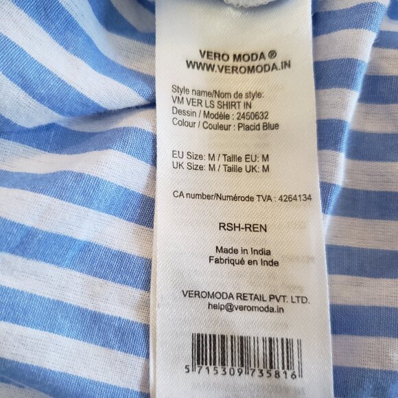 Vero Moda Striped Cotton High Ruffle Neck / Cuffs Women's Button Up Shirt (MED) - Picture 9 of 15